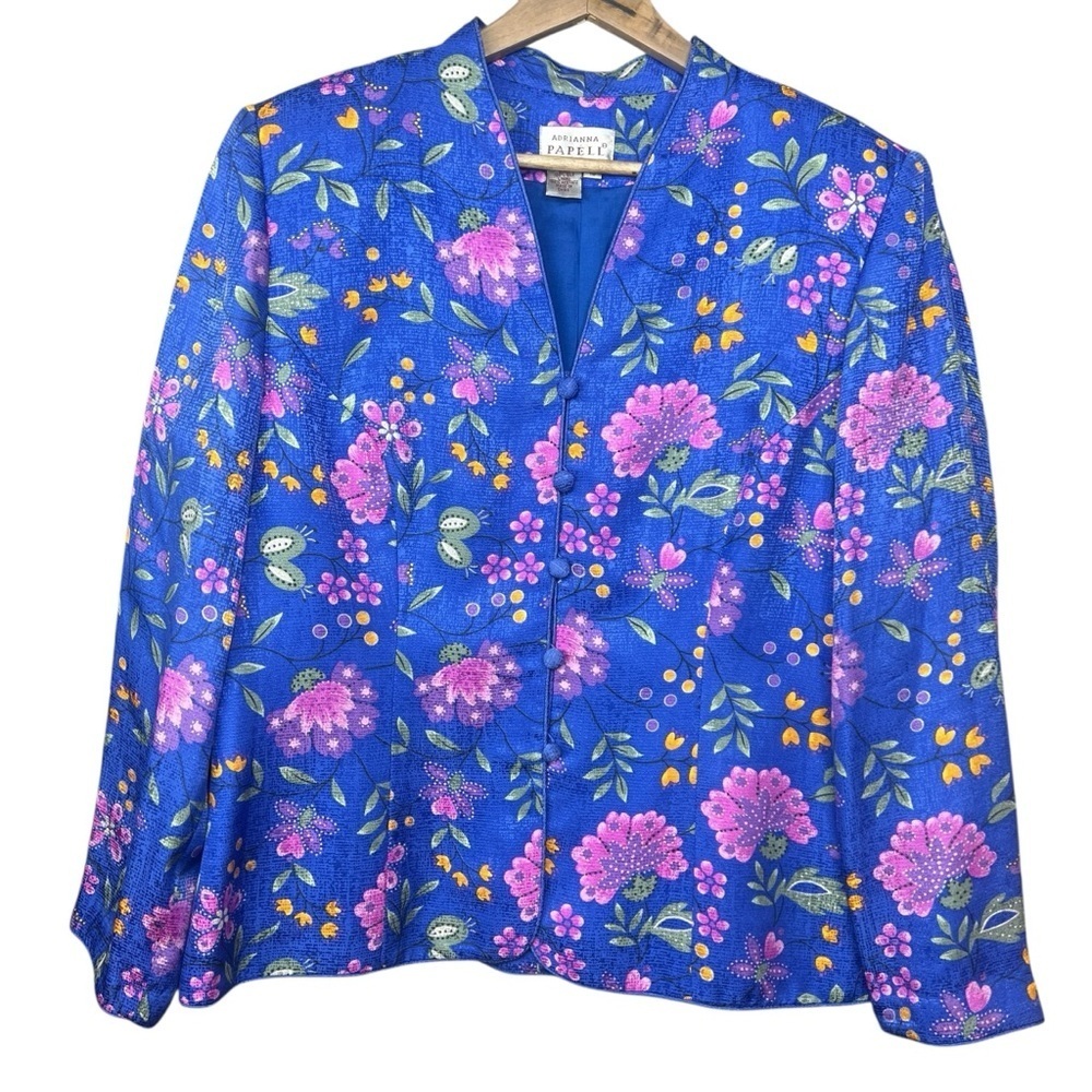 Adrianna Papell Blue Lightweight 100% Silk Purple Floral Blazer Women’s Size 16